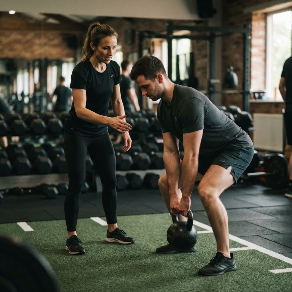 A coach guiding an athlete through a kettlebell exercise