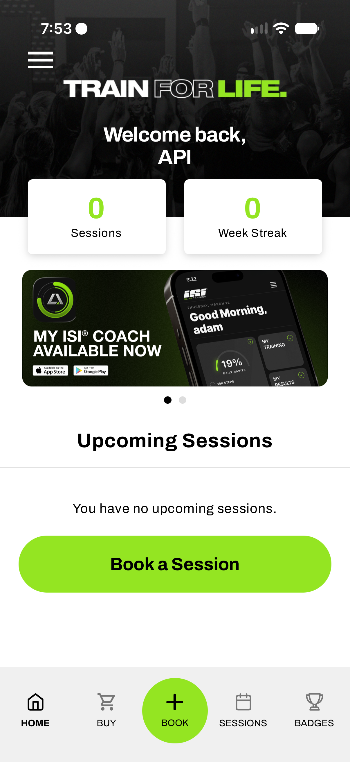 ISI app home with no upcoming sessions.